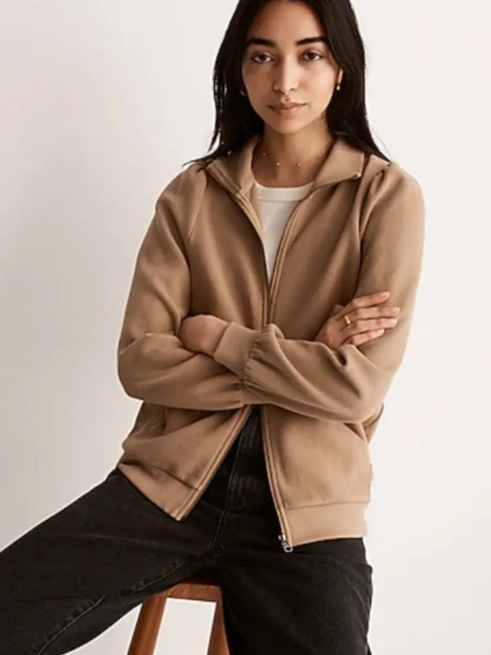 Madewell Garment Dyed Terry Full Zip Up Khaki Sweatshirt NWT Small 100% Cotton